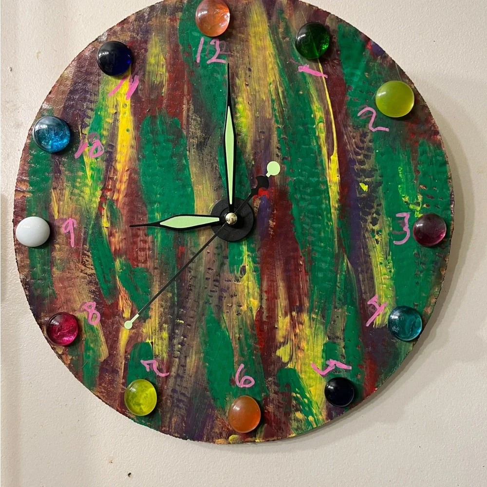 Hand Painted Hand Created Clock with Colorful Stones